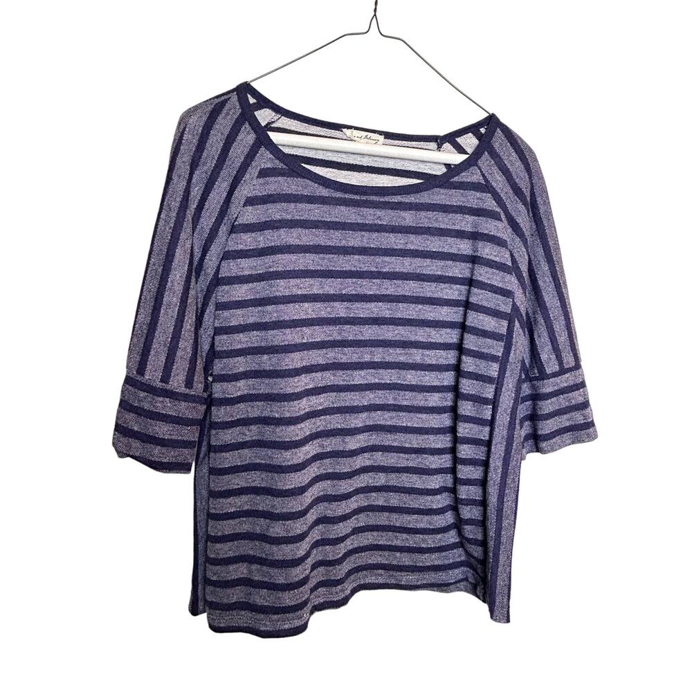 June and Delancy Striped Tee 3/4 Length Scroop Neck Navy Striped Preppy